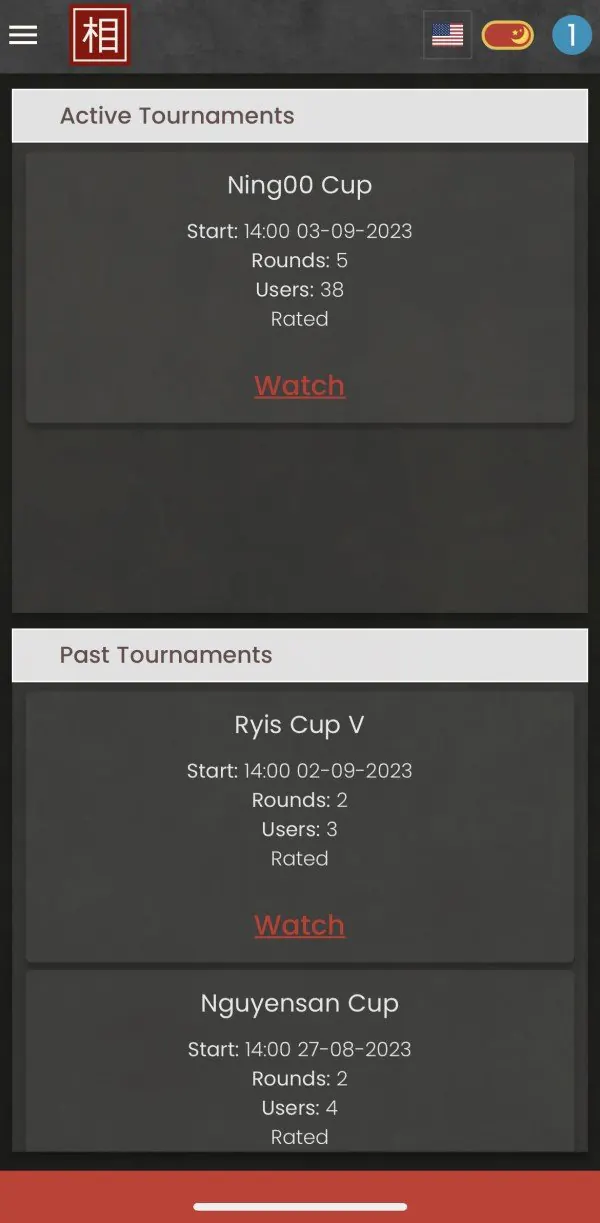 A picture showing the tournament mode of the xiangqi.com mobile app